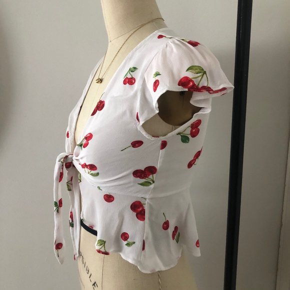 Cherry Print Ruffled Wrap Top - S - Picture 2 of 6